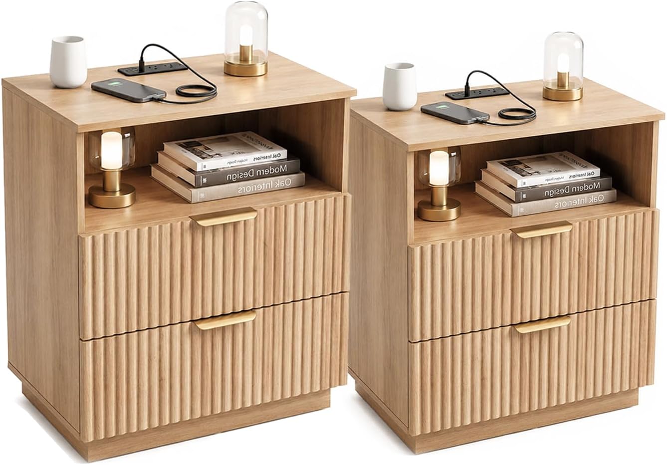 CHYANMOO® Natural Oak Nightstand with Charging Station Small Side Table End Table for Bedroom