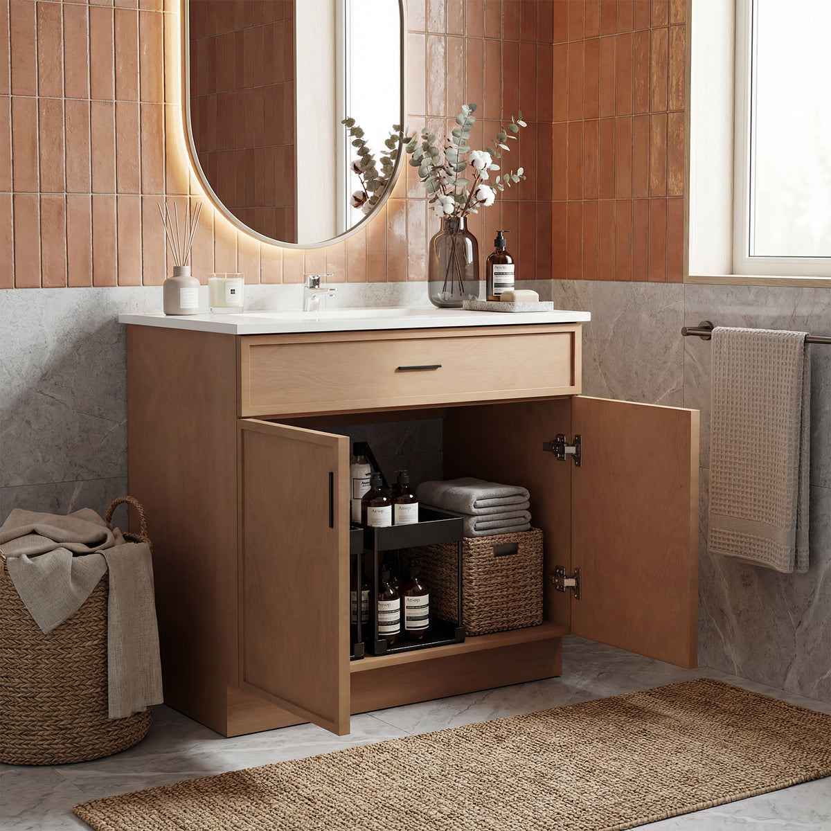 CHYANMOO 36" Natural Bathroom Vanity with Sink, Freestanding Storage Cabinet with Drawers