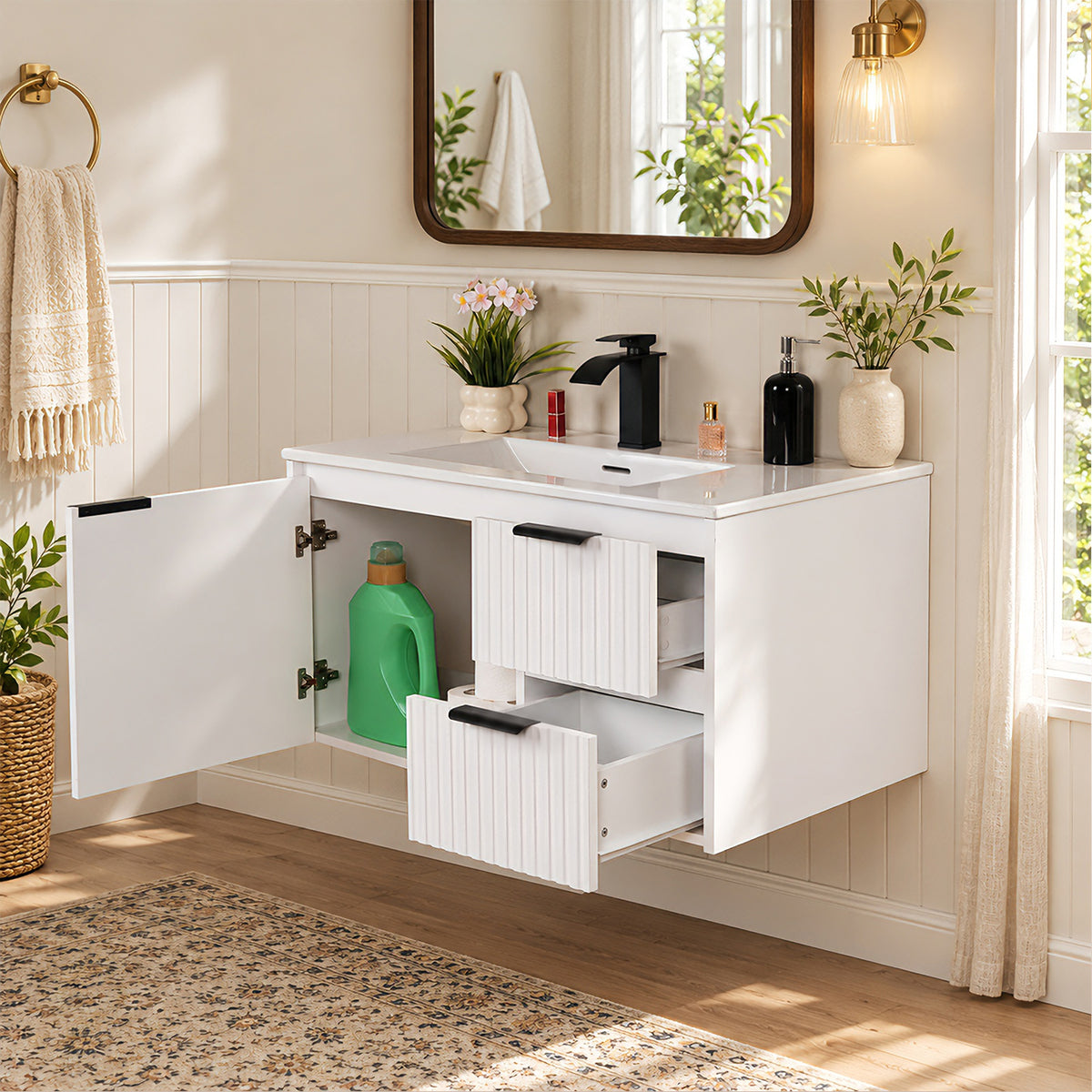 CHYANMOO 30“White Floating Bathroom Vanity with Sink, Fluted Front and 2 Drawers
