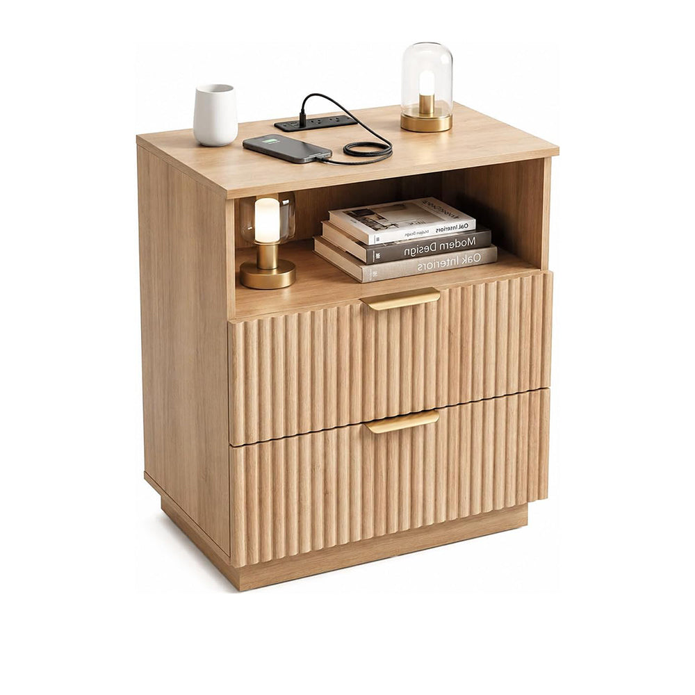 CHYANMOO® Natural Oak Nightstand with Charging Station Small Side Table End Table for Bedroom