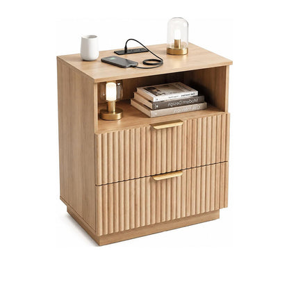 CHYANMOO® Natural Oak Nightstand with Charging Station Small Side Table End Table for Bedroom