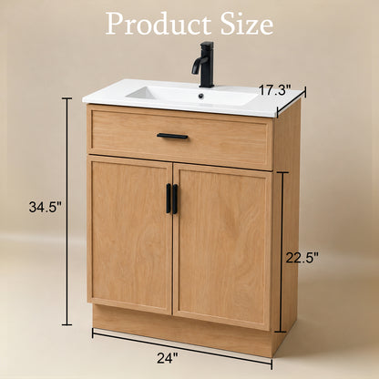 24-inch natural bathroom vanity with sink showing product dimensions and measurements
