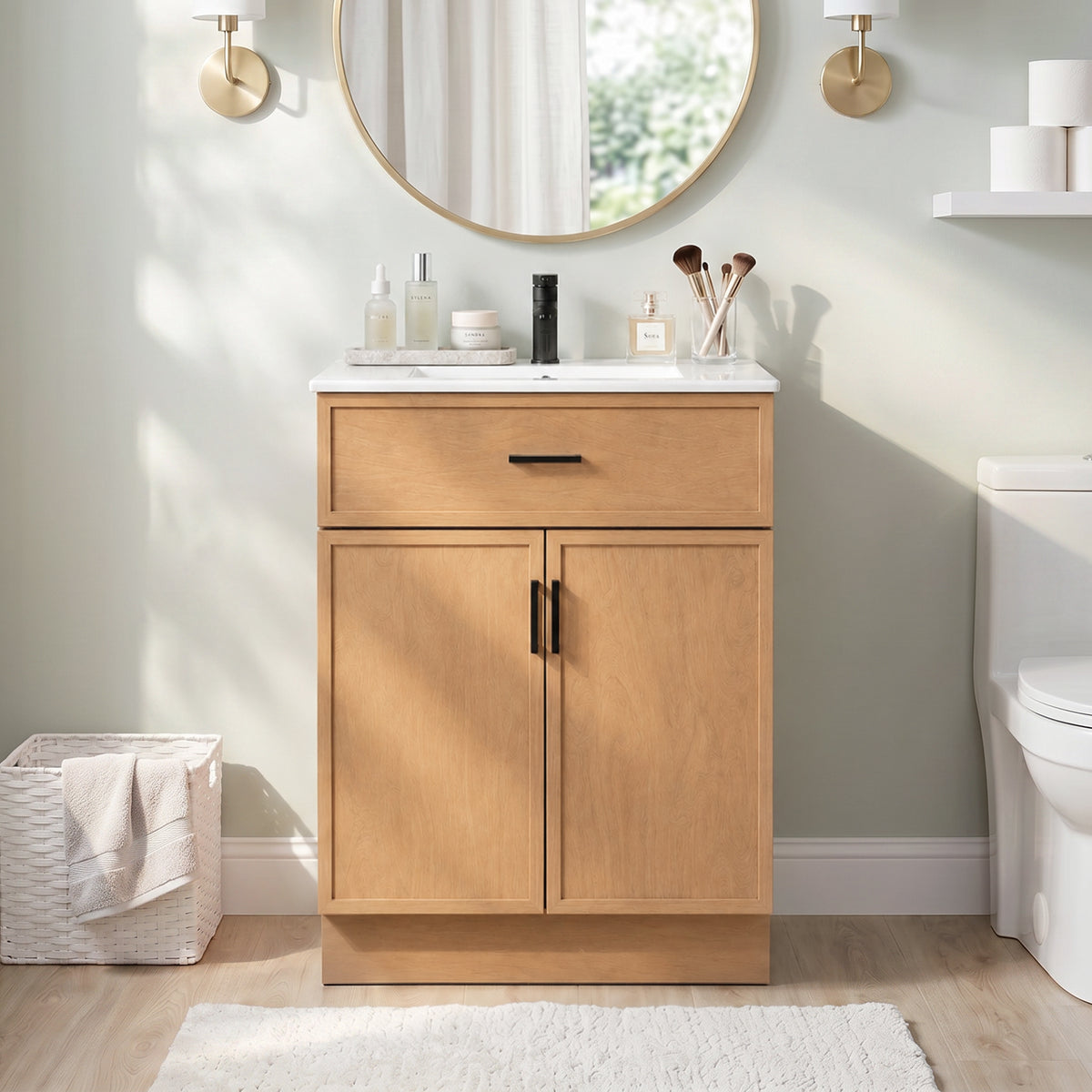 24-inch natural bathroom vanity with white sink, one drawer and two cabinet doors