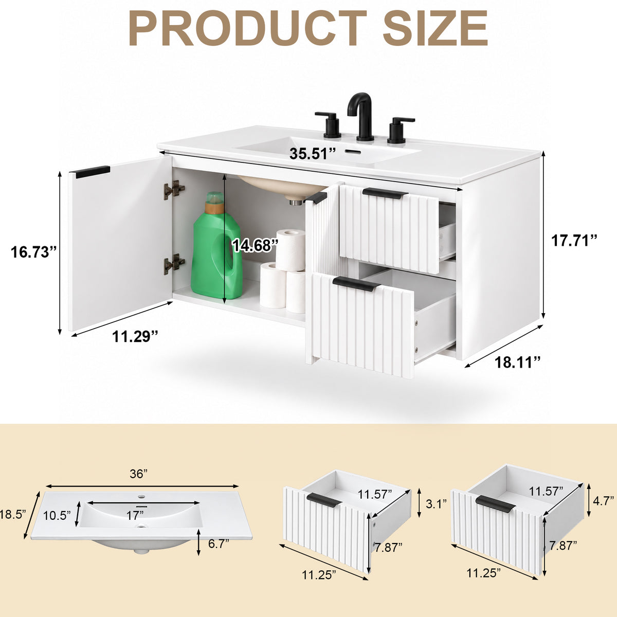 CHYANMOO 36-Inch White Floating Bathroom Vanity with Sink and Drawers