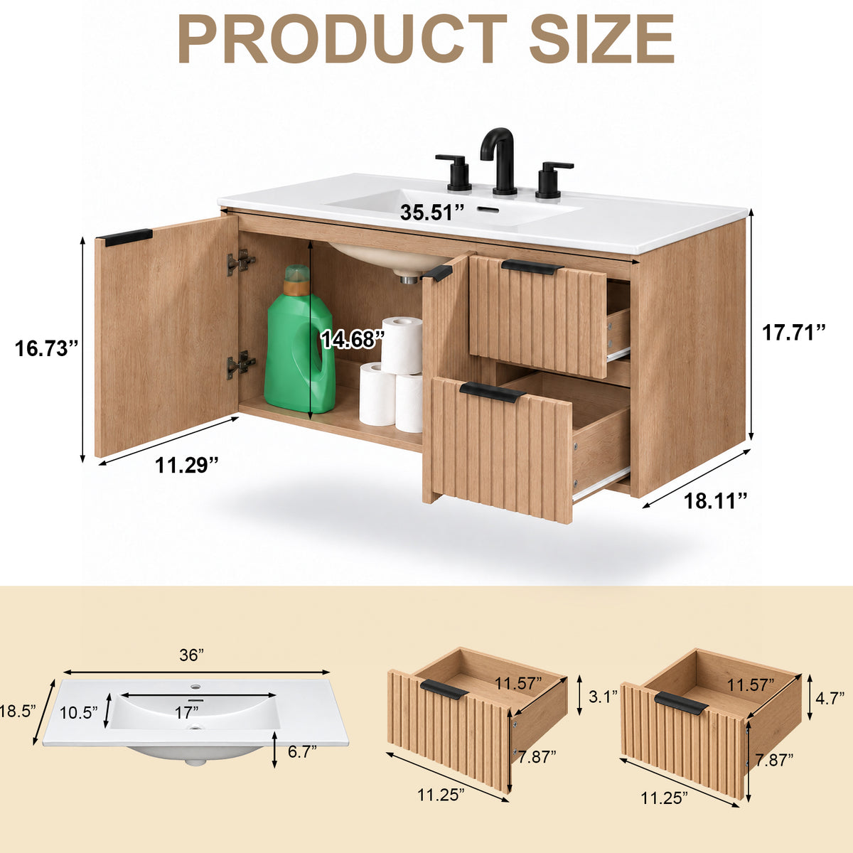 CHYANMOO 36-Inch Natural Floating Bathroom Vanity with Sink and Drawers