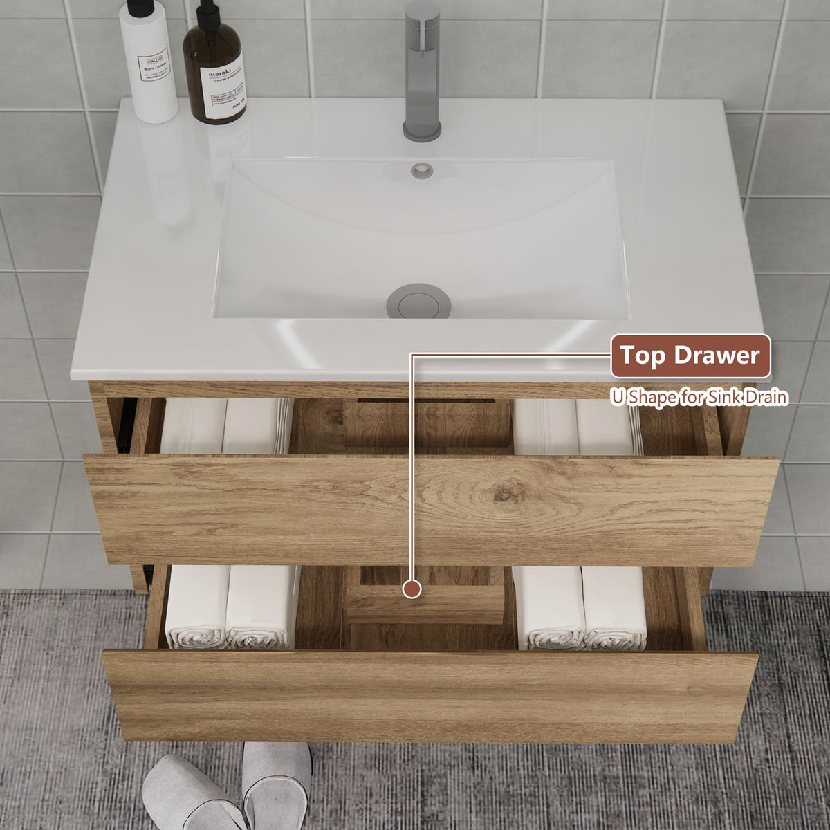 Open drawers showing interior storage in a CHYANMOO floating bathroom vanity