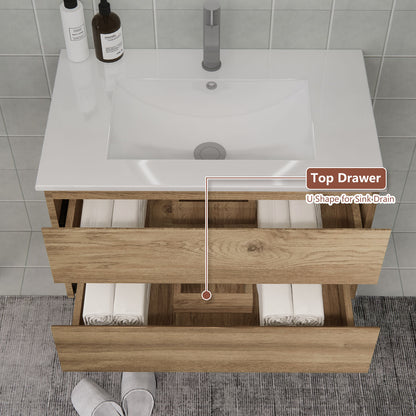 Open drawers showing interior storage in a CHYANMOO floating bathroom vanity