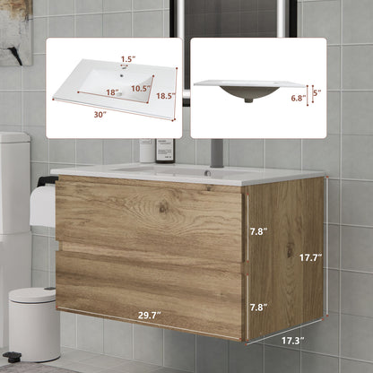 Close-up of the sink on a CHYANMOO 30-inch floating bathroom vanity