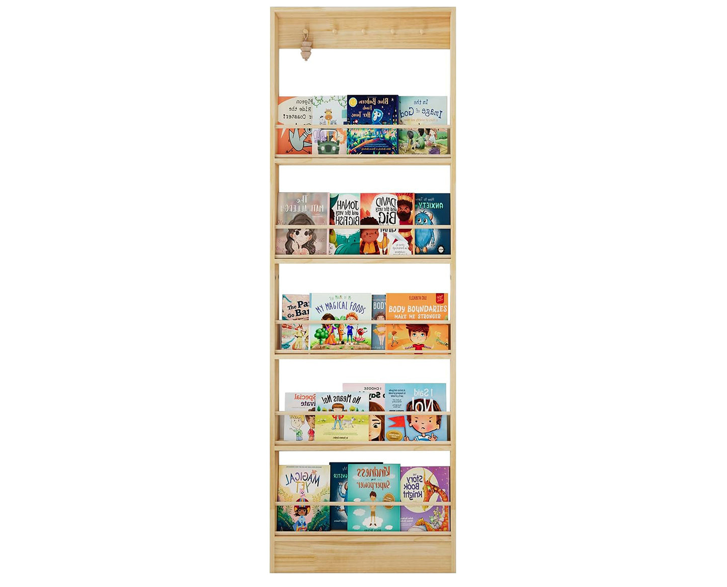 CHYANMOO Wooden Wall Mounted Bookshelf, 5 Tier Storage Shelf with Anti Tip Device, Space Saving Organizer with Built in Hooks and Raised Edges for Living Room Bedroom Home Office