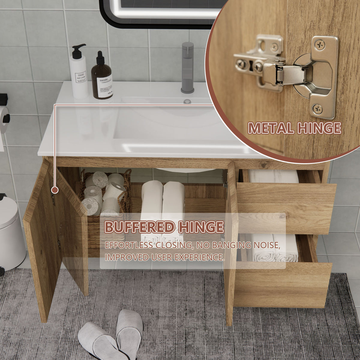 Open drawers showing interior storage in a CHYANMOO floating bathroom vanity