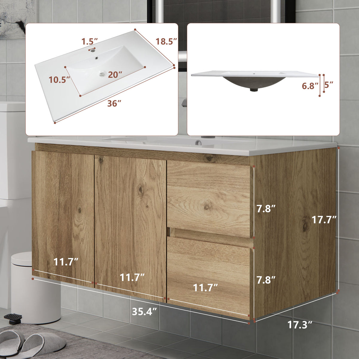 Close-up of the sink on a CHYANMOO 36-inch floating bathroom vanity