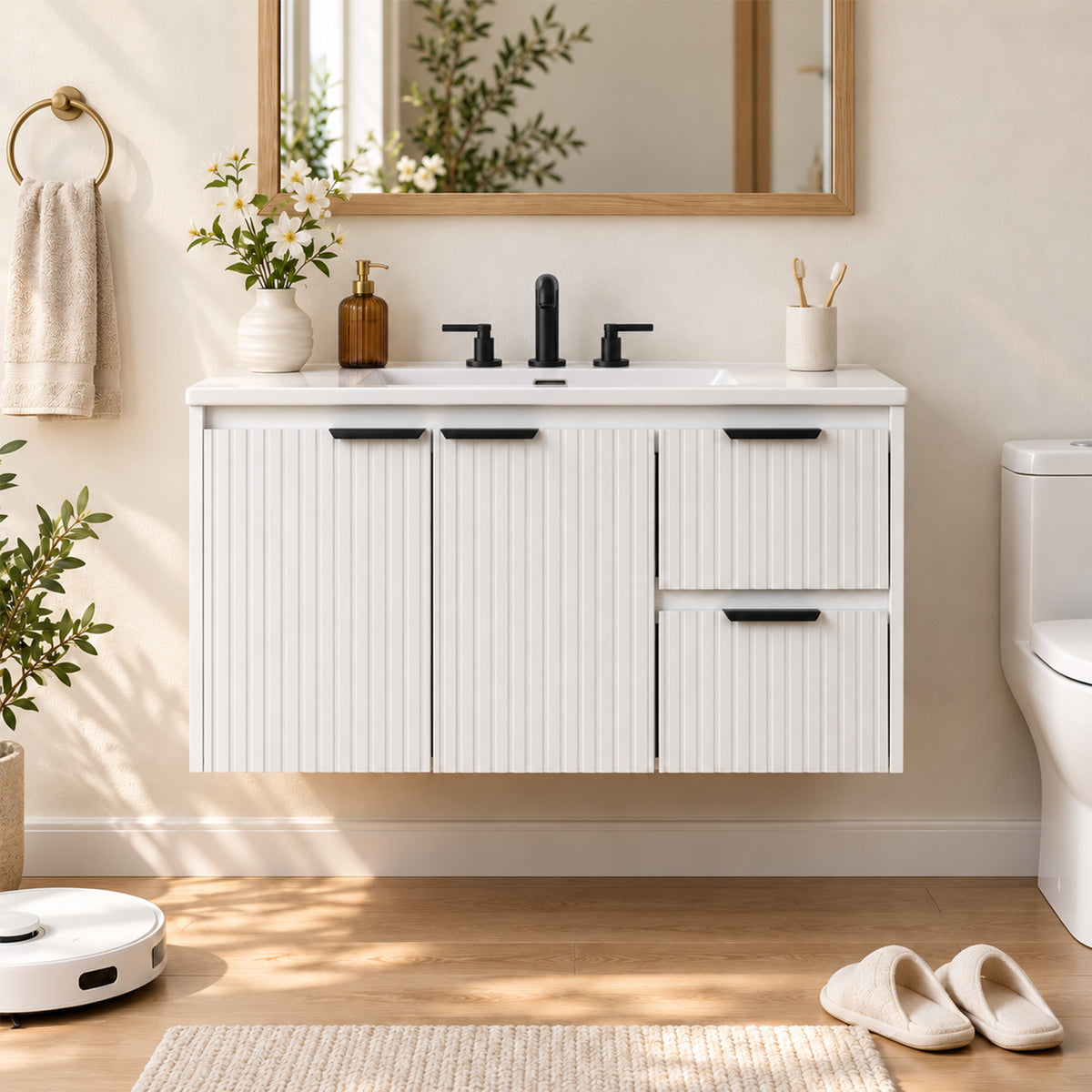 CHYANMOO 36-Inch White Floating Bathroom Vanity with Sink and Drawers