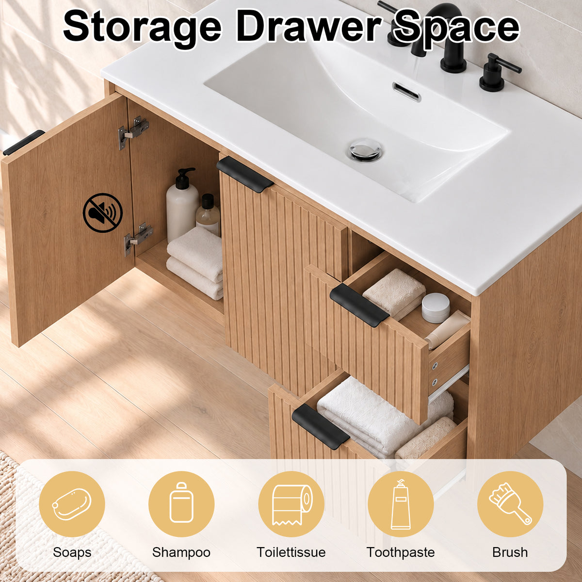 CHYANMOO 36-Inch Natural Floating Bathroom Vanity with Sink and Drawers