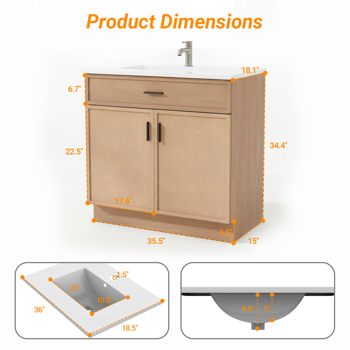 CHYANMOO 36" Natural  Bathroom Vanity with Sink, Freestanding Storage Cabinet with Drawers