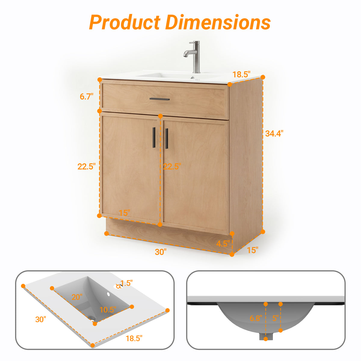CHYANMOO 30" Natural  Bathroom Vanity with Sink, Freestanding Storage Cabinet with Drawers