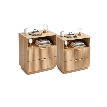 CHYANMOO® Natural Oak Nightstand with Charging Station Small Side Table End Table for Bedroom