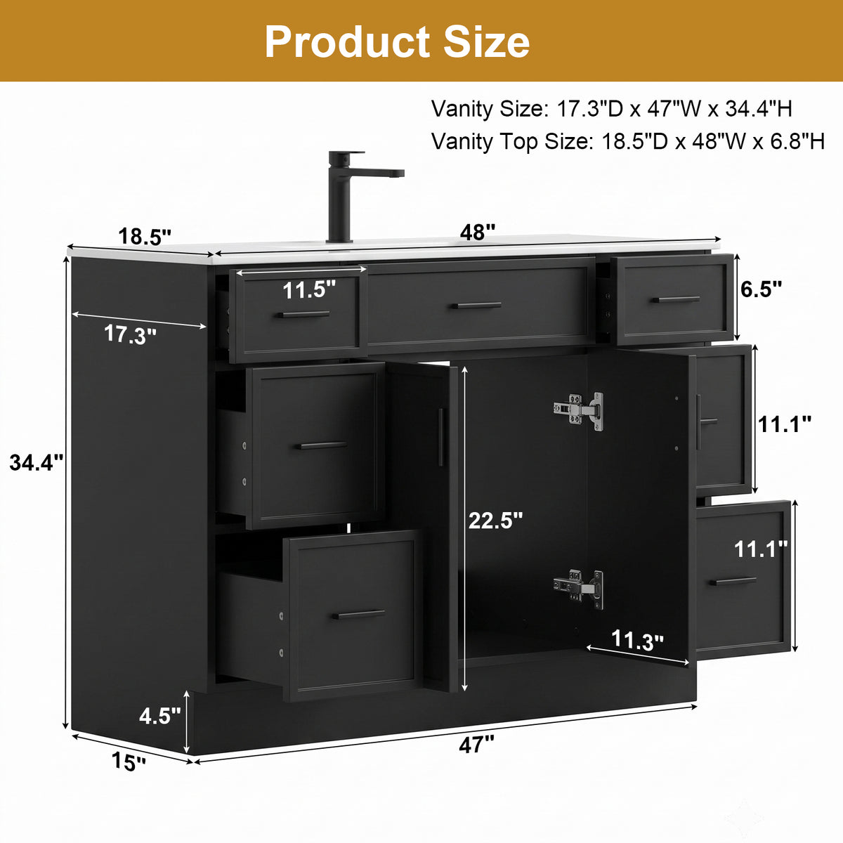Dimension diagram for the CHYANMOO 48-inch black bathroom vanity