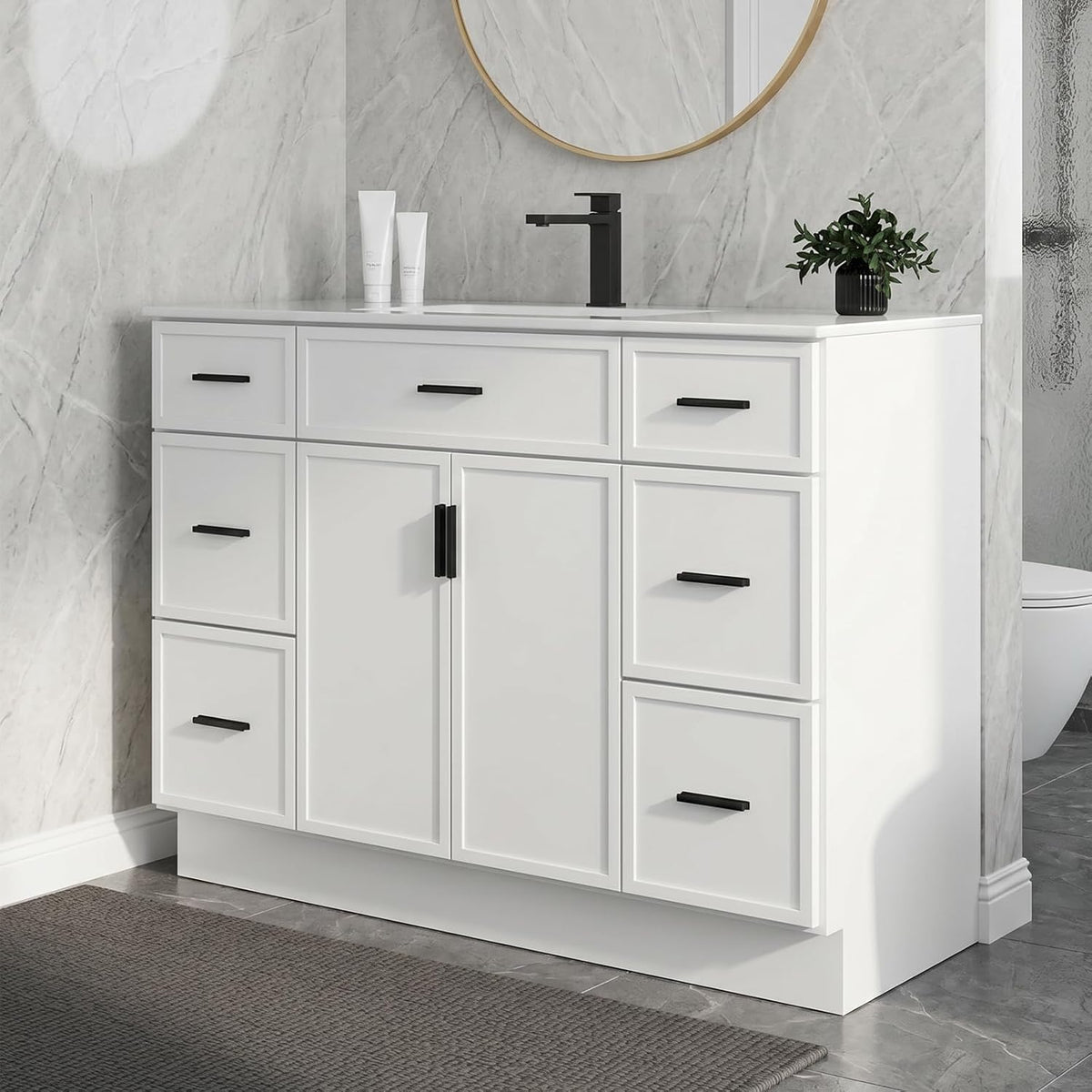 CHYANMOO 48-inch white vanity with sink in a bathroom setting