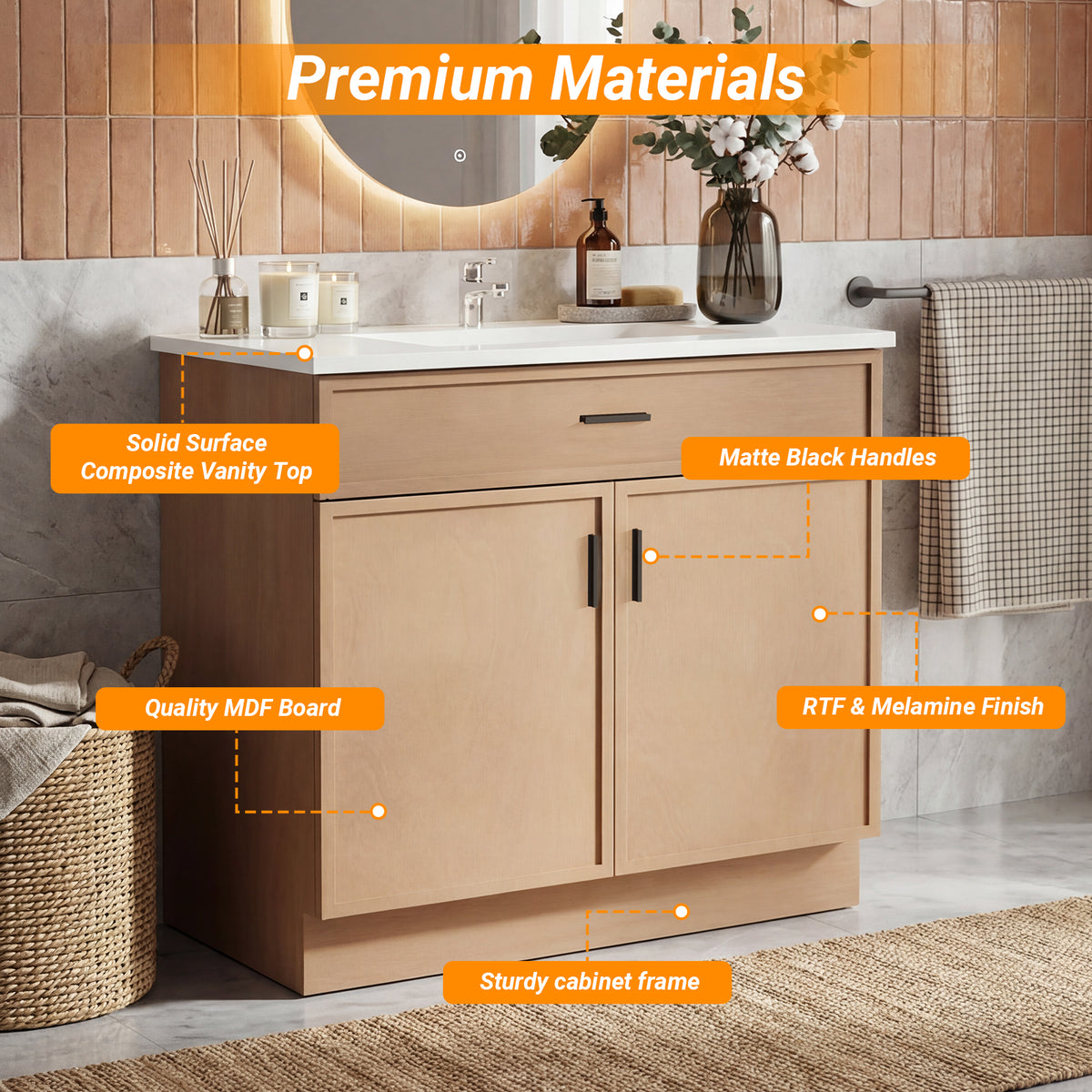 CHYANMOO 36" Natural  Bathroom Vanity with Sink, Freestanding Storage Cabinet with Drawers