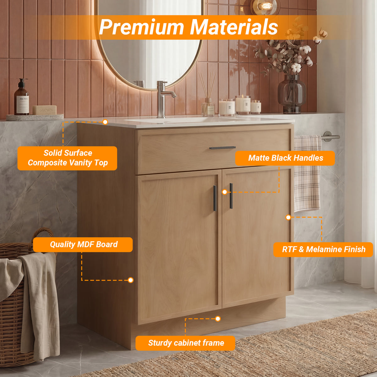 CHYANMOO 30" Natural  Bathroom Vanity with Sink, Freestanding Storage Cabinet with Drawers