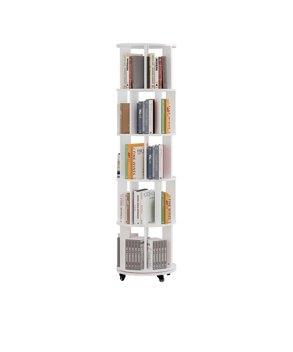 CHYANMOO®  Bookshelf Tower, Spinning Bookshelf with Wheels, 360° Revolving Round Bookcase Storage Rack, Vertical Rotate Turning Spiral Corner Book Shelf Organizer for Room