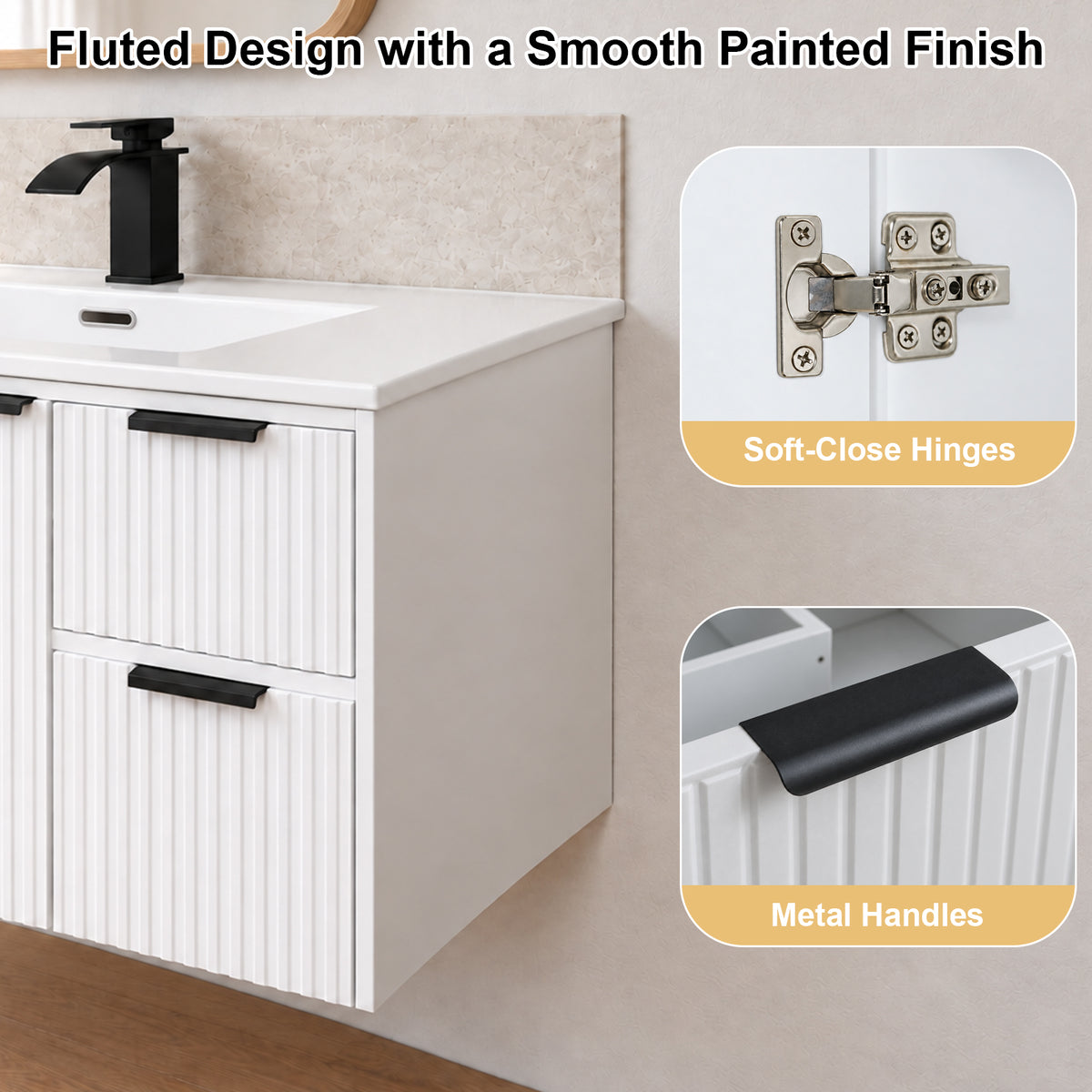 CHYANMOO 30“White Floating Bathroom Vanity with Sink, Fluted Front and 2 Drawers