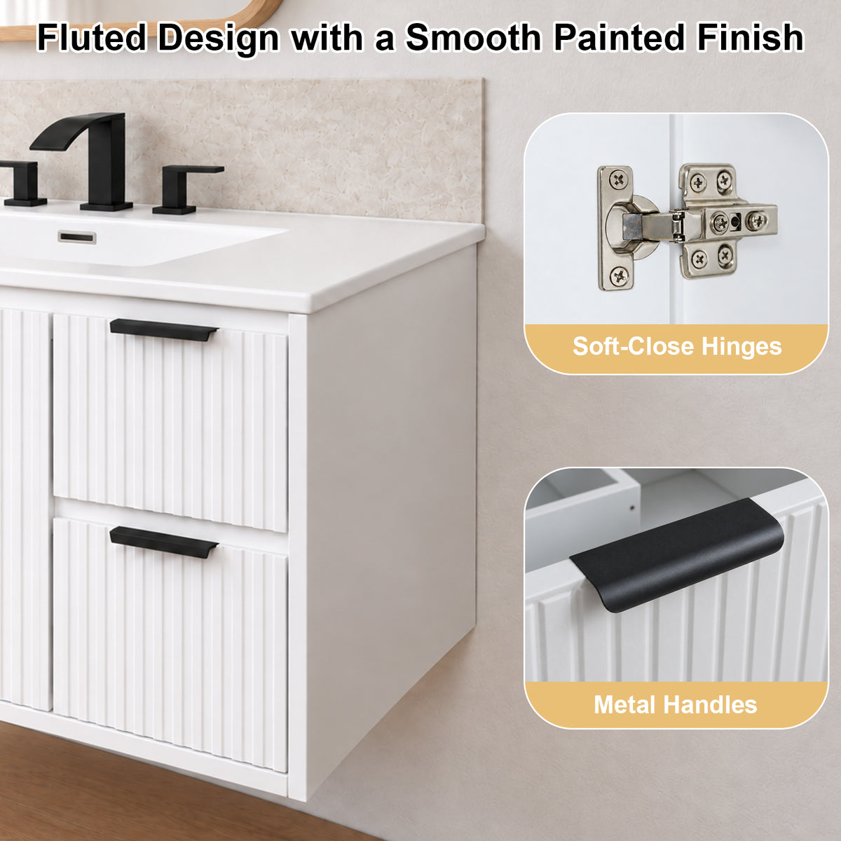 CHYANMOO 36-Inch White Floating Bathroom Vanity with Sink and Drawers