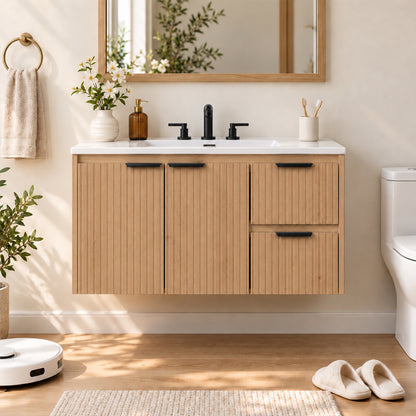 CHYANMOO 36-Inch Natural Floating Bathroom Vanity with Sink and Drawers