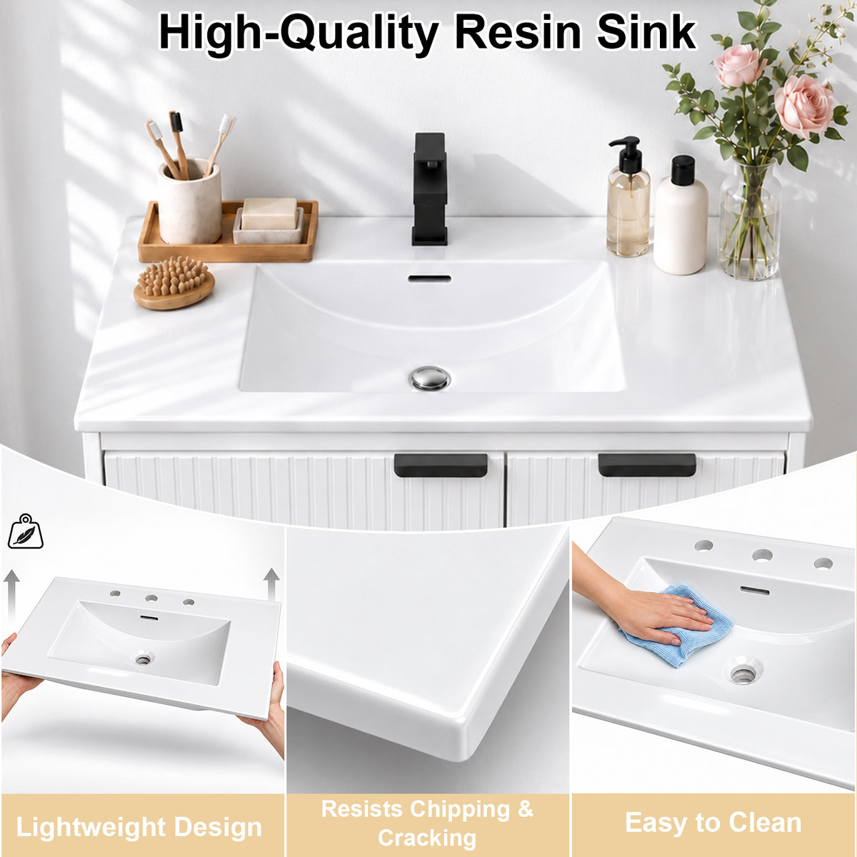 CHYANMOO 30“White Floating Bathroom Vanity with Sink, Fluted Front and 2 Drawers