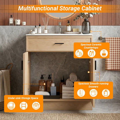 CHYANMOO 30" Natural  Bathroom Vanity with Sink, Freestanding Storage Cabinet with Drawers