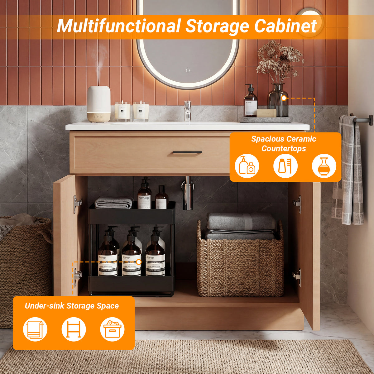 CHYANMOO 36" Natural  Bathroom Vanity with Sink, Freestanding Storage Cabinet with Drawers
