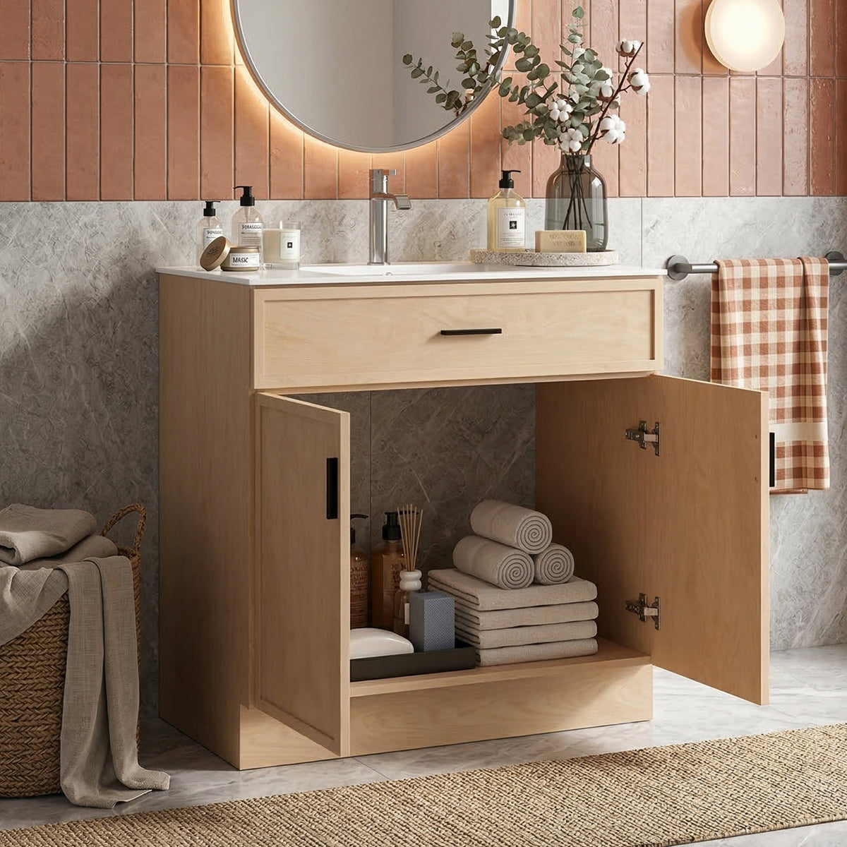 CHYANMOO 30" Natural  Bathroom Vanity with Sink, Freestanding Storage Cabinet with Drawers
