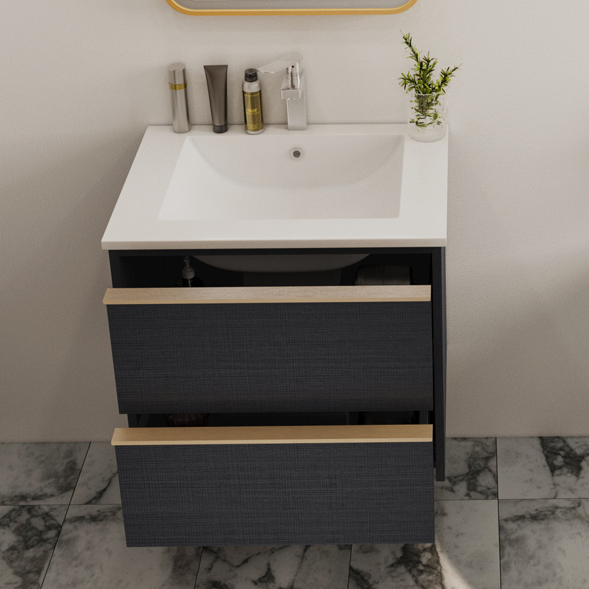 24-Inch Floating Bathroom Vanity with 2 Drawers and Gold Handles
