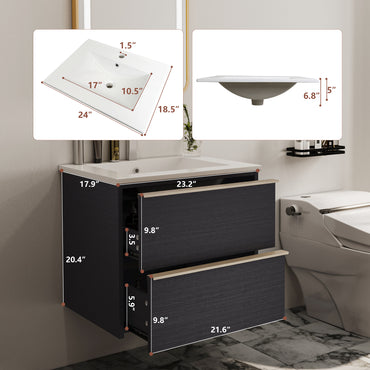 24-Inch Floating Bathroom Vanity with 2 Drawers and Gold Handles