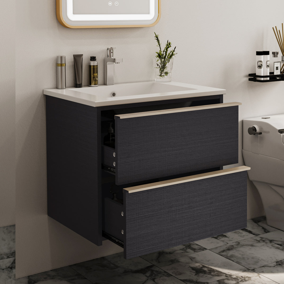 24-Inch Floating Bathroom Vanity with 2 Drawers and Gold Handles