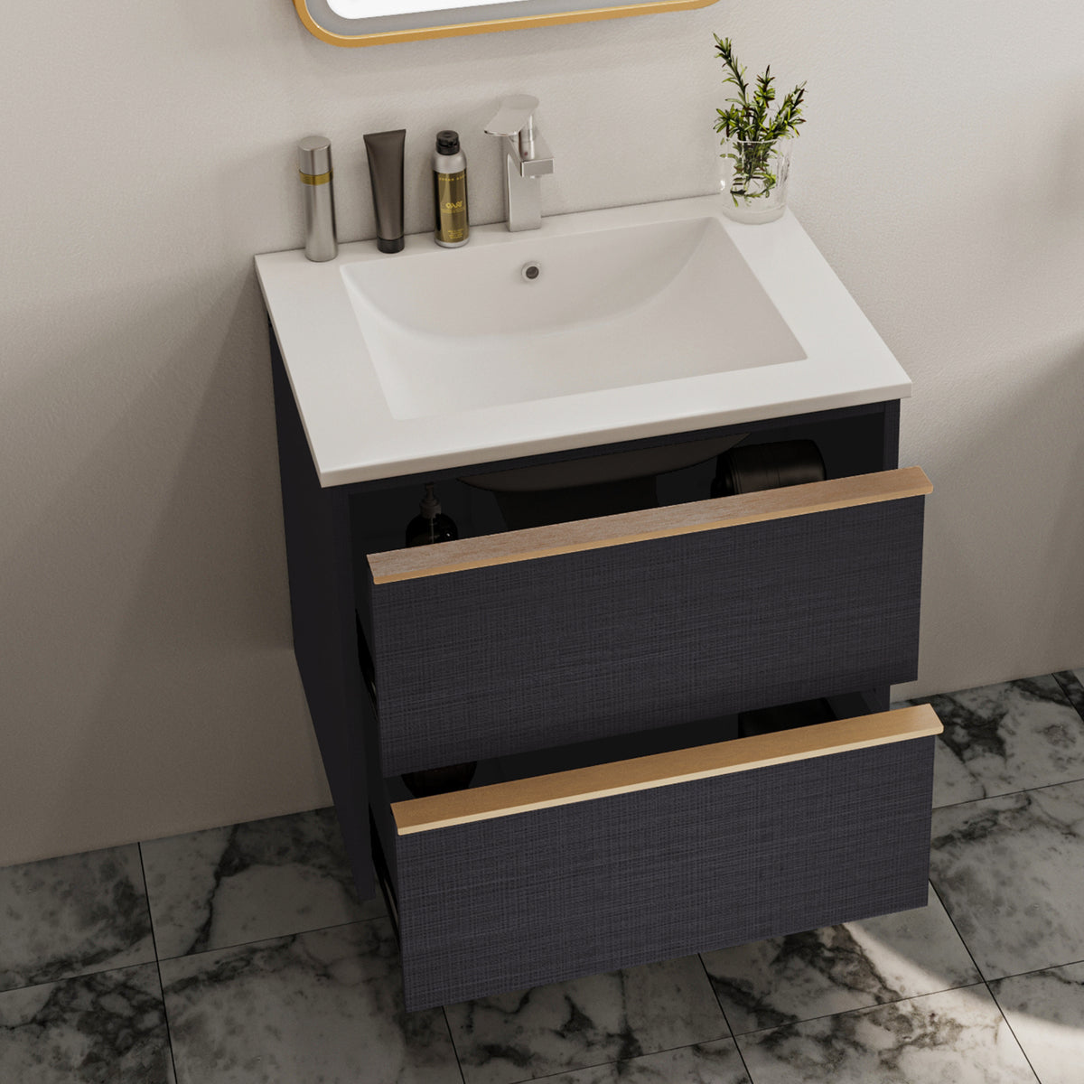 24-Inch Floating Bathroom Vanity with 2 Drawers and Gold Handles