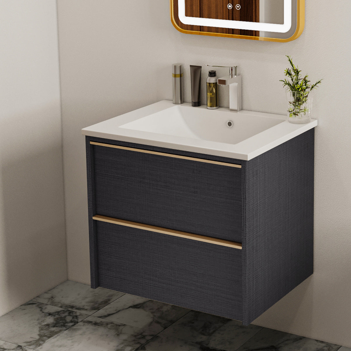 24-Inch Floating Bathroom Vanity with 2 Drawers and Gold Handles