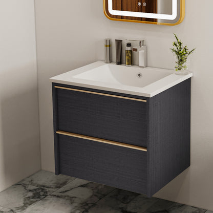 24-Inch Floating Bathroom Vanity with 2 Drawers and Gold Handles