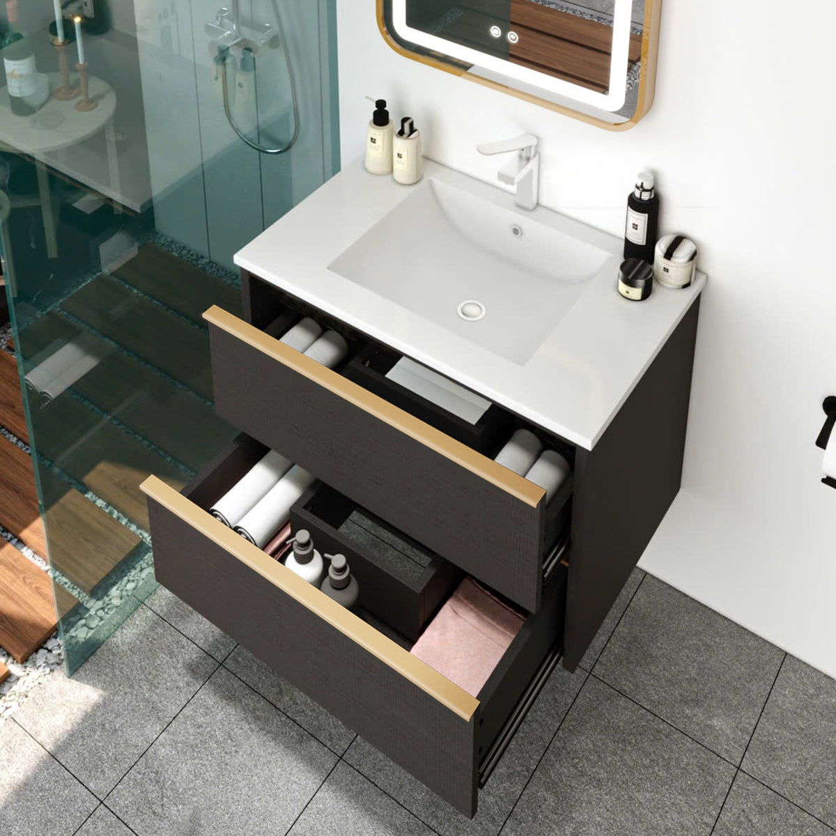 30 Inch Floating Bathroom Vanity with 2 Drawers and Gold Handles