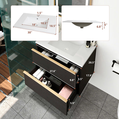 30 Inch Floating Bathroom Vanity with 2 Drawers and Gold Handles