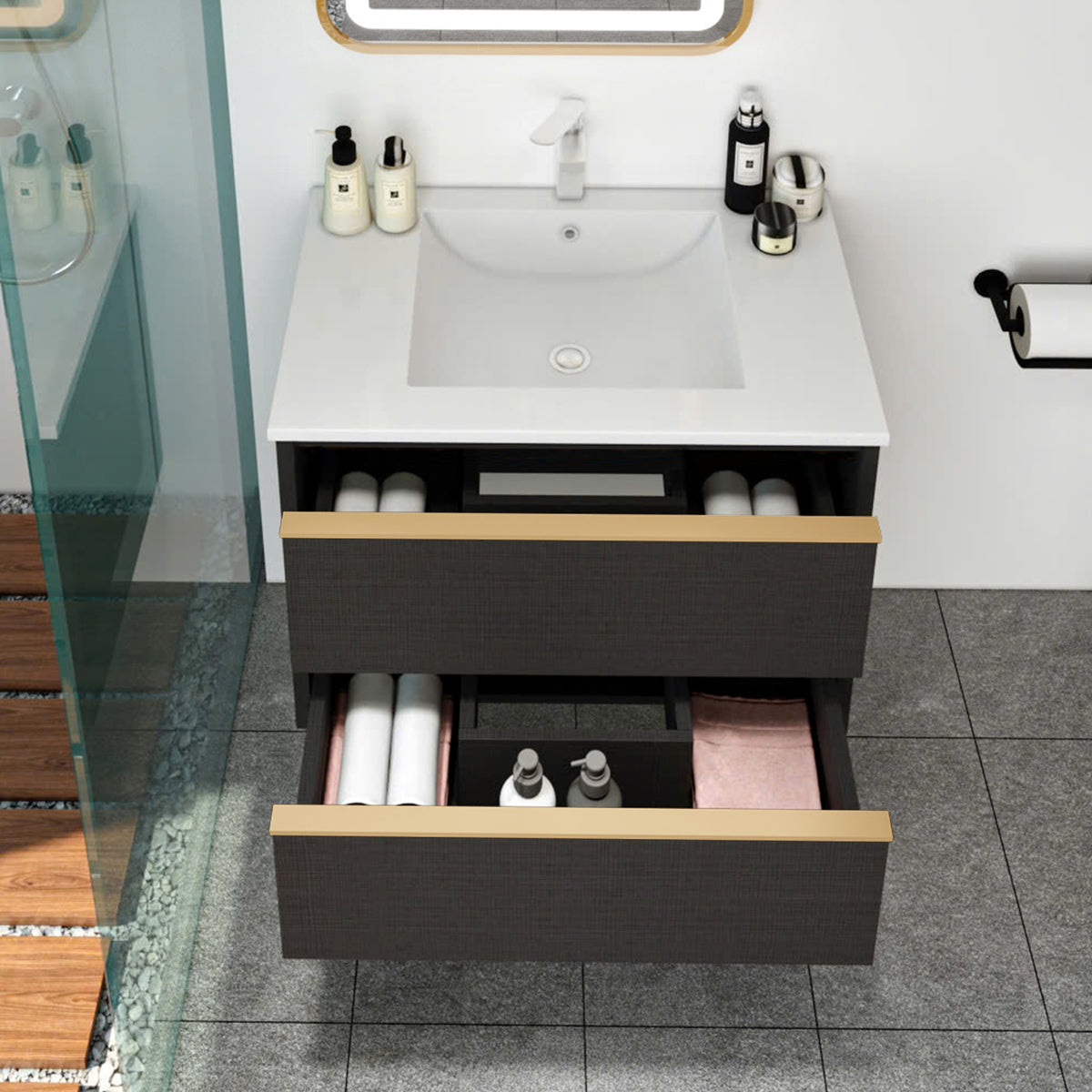 30 Inch Floating Bathroom Vanity with 2 Drawers and Gold Handles