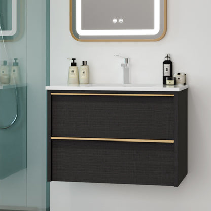 30 Inch Floating Bathroom Vanity with 2 Drawers and Gold Handles