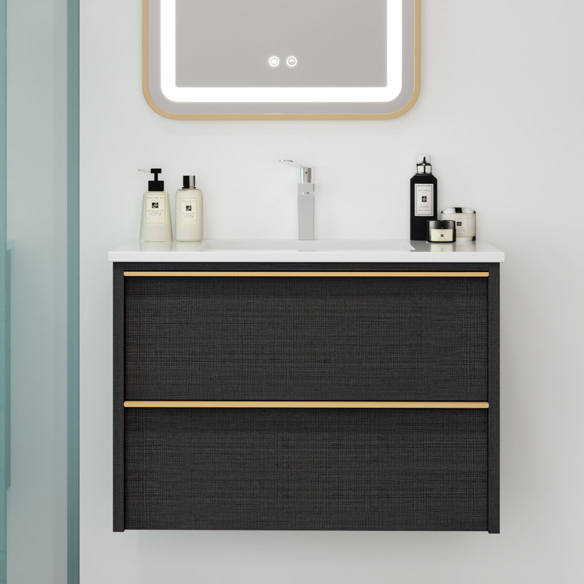 30 Inch Floating Bathroom Vanity with 2 Drawers and Gold Handles