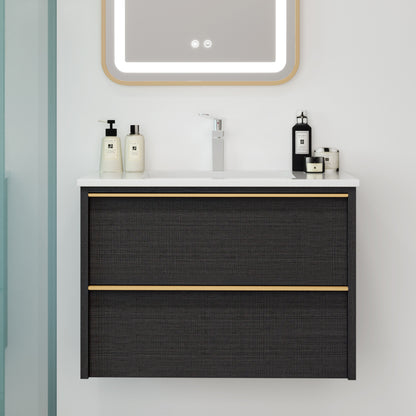 30 Inch Floating Bathroom Vanity with 2 Drawers and Gold Handles