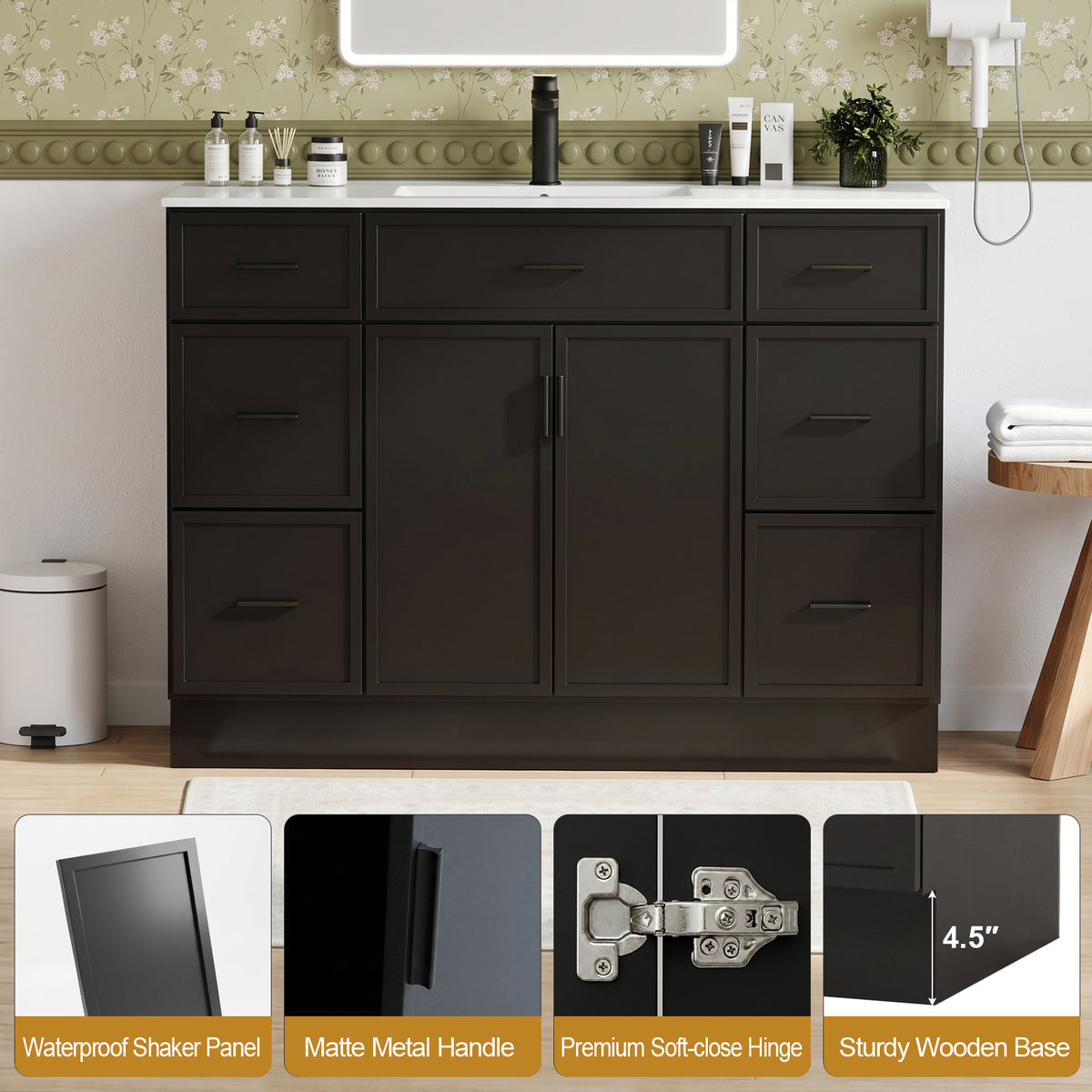 CHYANMOO 48 Inch black Bathroom Vanity with Sink and Drawers