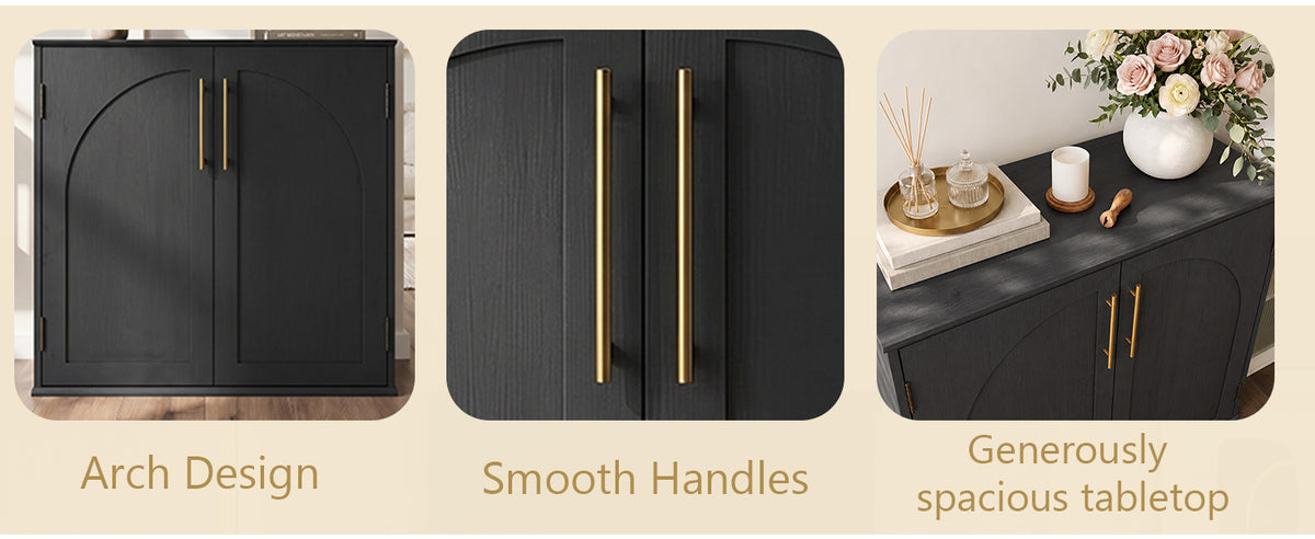 Black sideboard cabinet with arched doors and gold handles