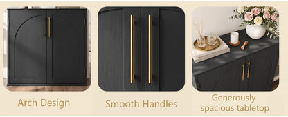 Black sideboard cabinet with arched doors and gold handles