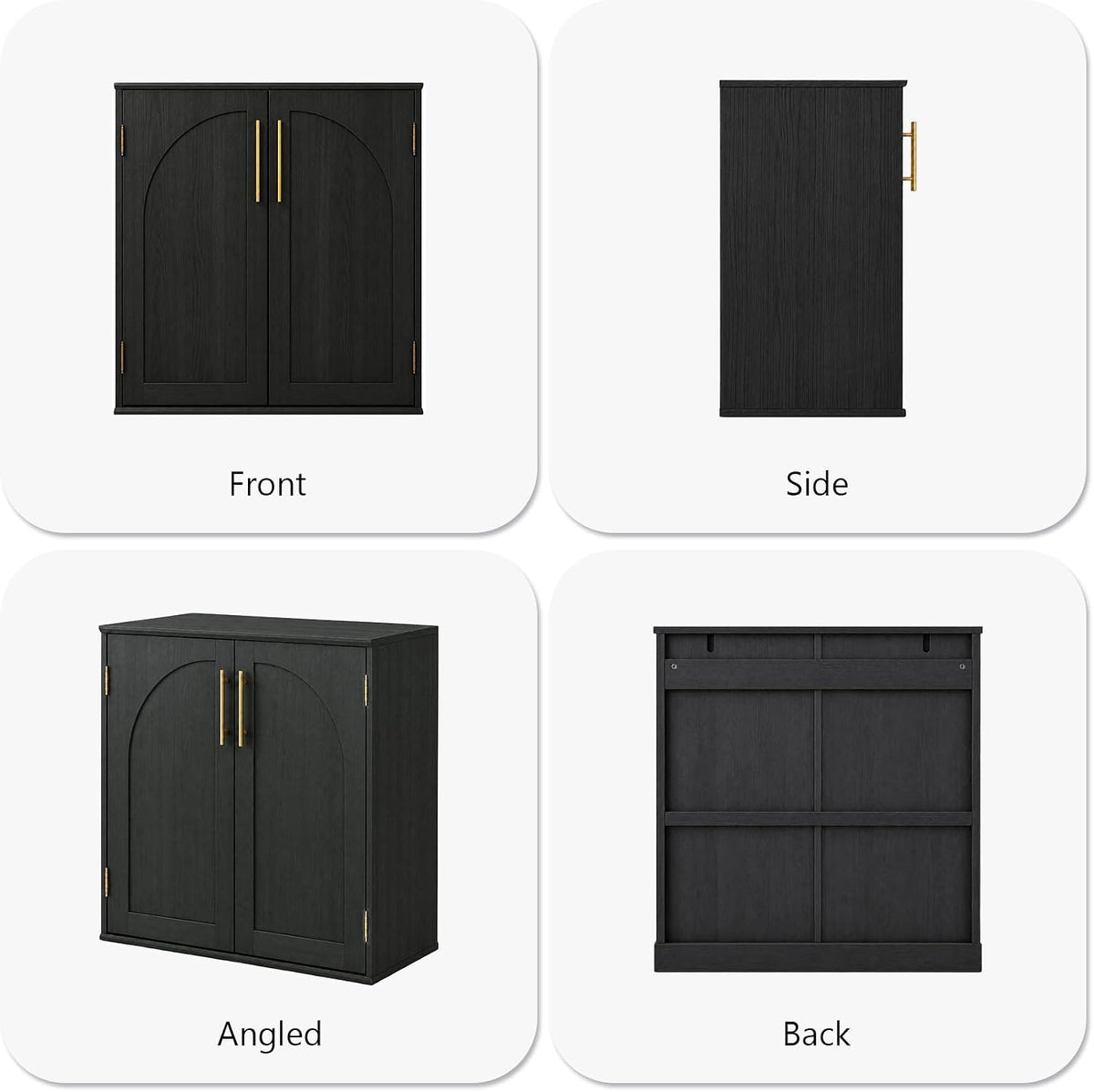 Black arched sideboard cabinet front side back and angled views