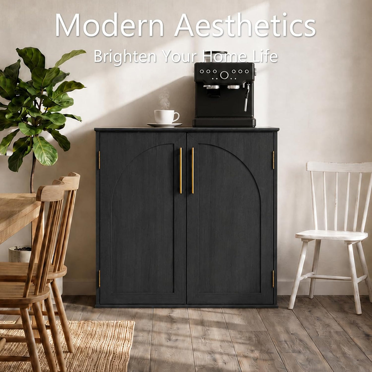 Black sideboard cabinet used as a dining room coffee bar