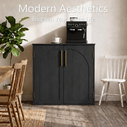 Black sideboard cabinet used as a dining room coffee bar